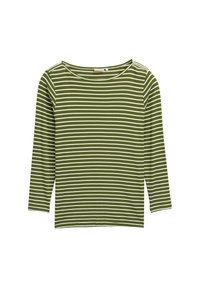 Top lungo a maniche verdi a righe con strisce orizzontali bianche, scollatura ampia e vestibilità rilassata, realizzato in un tessuto morbido ed elastico.