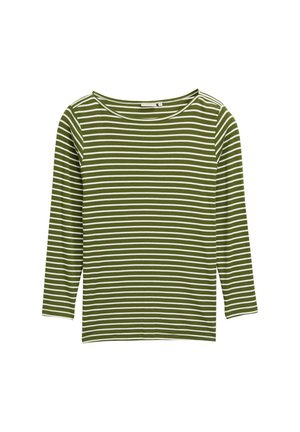 Haut à manches longues à rayures vertes avec des rayures horizontales blanches, un col large et une coupe décontractée, fabriqué dans un tissu doux et extensible.