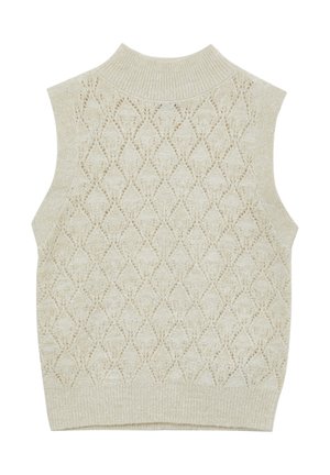 Gilet senza maniche in beige chiaro con motivo a diamante testurizzato, colletto e orlo a costine. Materiale morbido con dettagli in pizzo aperto.