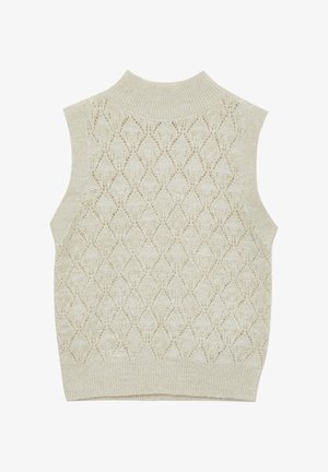 Ärmellose Strickweste in hellbeige mit strukturiertem Rautenmuster, geripptem Kragen und Saum. Weiches Material mit detailliertem Durchbruchdesign.