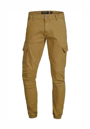 Tan slim-fit cargo pants with flap pockets on thighs, button closure, belt loops, and elastic cuffs at ankles.