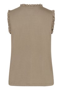 Haut sans manches beige avec des accents froncés aux épaules, fabriqué à partir d'un tissu doux. Design simple avec des contours nets et un col rond.