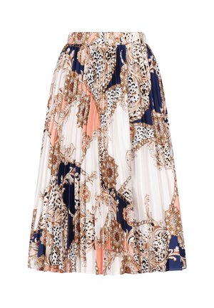 Faltender Midi-Rock aus leichtem Stoff mit einem Blumen- und Tierdruck in Marineblau, Pfirsich und Cremetönen sowie einem taillierten Bund.