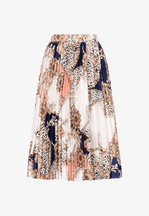 Plisovaná midi sukně z lehkého materiálu s květinovým a zvířecím potiskem v námořnické, broskvové a krémové barvě, s vypasovaným pasem.