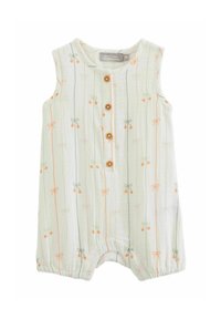 Rompers sans manches vert clair avec des boutons en bois, présentant un motif de nœuds et de cerises. Ourlet froncé et tissu doux et texturé.