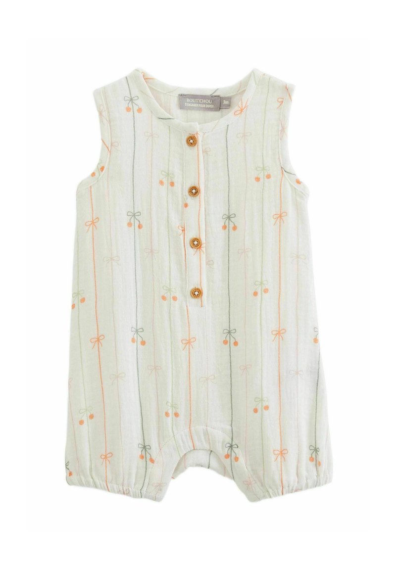 Rompers sans manches vert clair avec des boutons en bois, présentant un motif de nœuds et de cerises. Ourlet froncé et tissu doux et texturé.