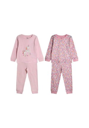 Zwei Sets von Kinder-Pyjamas: links mit einem Einhorn-Design auf einer einfarbigen pinken Oberteile und gestreiften Hosen; rechts mit einem floralen Muster auf sowohl Oberteil als auch Hosen.