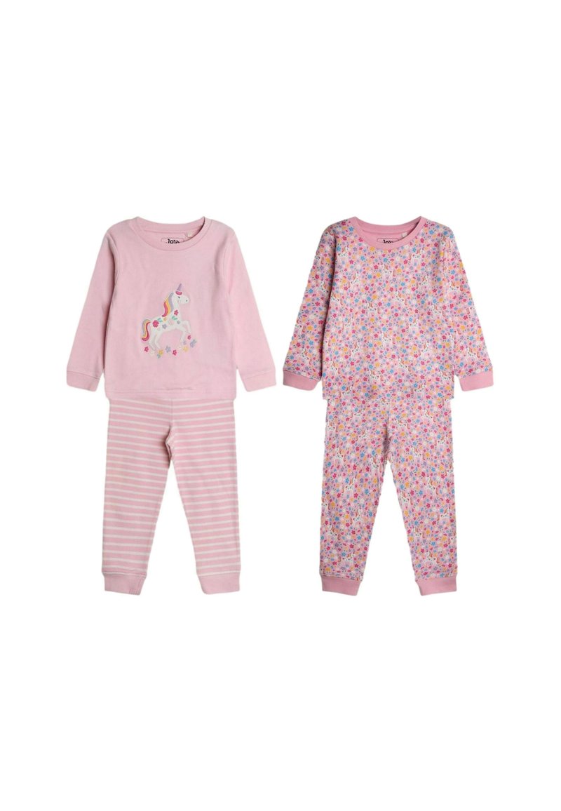 Kaksi lasten pyjamaa: vasemmalla on yksisarvisdesigni, jossa on yhtenäinen vaaleanpunainen yläosa ja raidalliset alaosat; oikealla on kukkakuosi sekä yläosassa että housuissa.