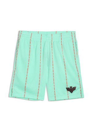 Lichtgroene mesh sportshorts met rode verticale tekstlijnen en een zwart gevleugeld embleem op het linkerbeen.