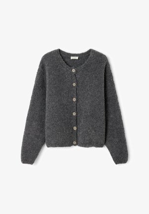 Pelēks vilnas kardigans ar apaļu kakla izgriezumu, garām piedurknēm un sešām gaiši brūnām pogām priekšpusē. Teksturēts, mīksts adīts audums.
