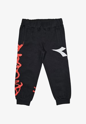 Pantaloni della tuta neri con accenti di design rossi e bianchi, vita elasticizzata e due tasche laterali, realizzati con un tessuto testurizzato.