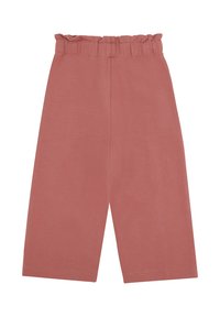 Weiche, rosa, kurz geschnittene Hosen mit einem hohen, gerafften Elastikbund und weiten Beinen, präsentiert auf einem weißen Hintergrund.