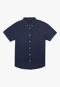 Kurzärmeliges Hemd aus marineblauem Stoff mit dezentem dunklem Muster, einer Brusttasche und einem Etikett auf der linken Seite.