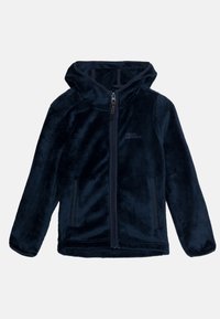 Navy blue fleece jacket with a zip front, hood, and two side pockets. Soft texture, smooth finish, and a logo on the left side.