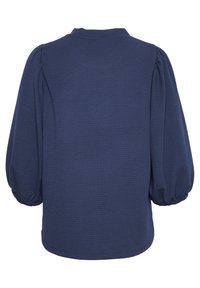 Maglione blu navy con finitura texturizzata, dotato di colletto rotondo e maniche a sbuffo. La parte posteriore è liscia con un orlo dritto.