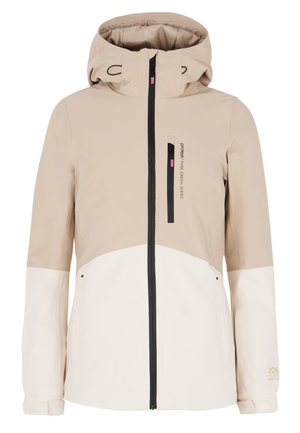 Beige and cream waterproof jacket with a high collar, black zipper, and pocket detail. Features branded logo and adjustable hood.