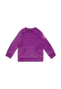 Felpa a maniche lunghe viola per toddler, con tasca a canguro frontale, polsini a coste, patch a forma di stella sulla manica sinistra e etichetta del marchio Villervalla.