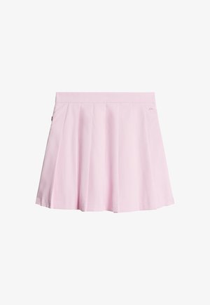 Rosa plisserad kjol i mjukt material, med en slät midjeband och en diskret logotypdetalj på sidan.