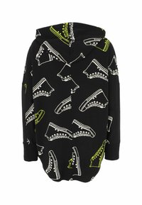 Black hoodie featuring a repeated pattern of white outlined sneakers with neon green accents. Soft material, regular fit, and long sleeves.