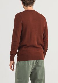 Maglione color ruggine con un motivo testurizzato, polsini e orlo a coste. Indossato con pantaloni verde oliva, evidenziando un design casual.