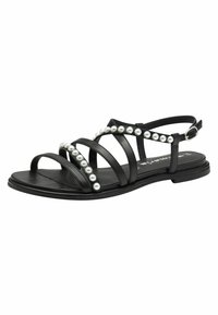 Sandalias negras con tiras hechas de material sintético, con suela plana y perlas sintéticas blancas a lo largo de las tiras como decoración.