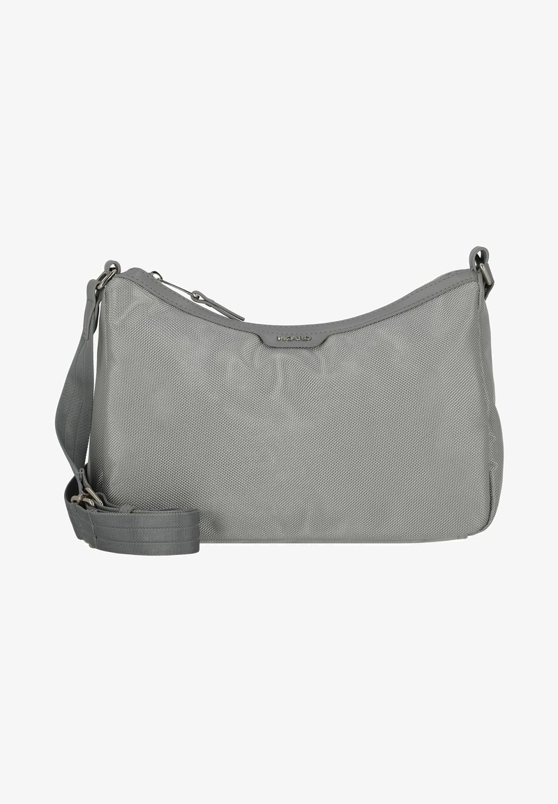 Borsa a tracolla grigia con texture, dotata di un bordo superiore liscio, tracolla regolabile e chiusura con zip. Presenta un branding discreto sul davanti.