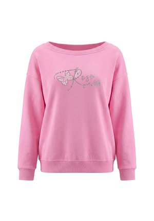 Pink langærmet sweatshirt med bred halsudskæring og dekorativt sølv rhinsten skrift og sommerfugldesign på brystet.