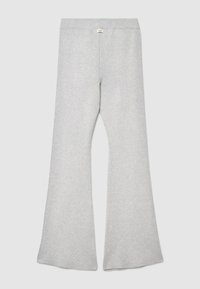 Graue Schlag-Sweathosen aus weichem Stoff mit einem gerippten Bund. Sie haben eine glatte Textur und ein schlichtes Design ohne Muster.