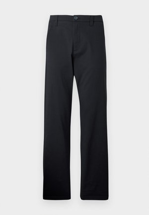 Pantaloni neri a gamba dritta realizzati in tessuto leggero, con chiusura a bottone, tasche frontali e una texture liscia.