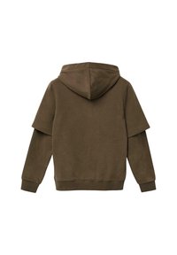 Bruine hoodie met een ruime capuchon, korte mouwen en een zachte textuur. Heeft een ontspannen pasvorm en ribbelboorden en -zoom.