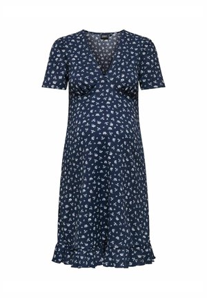 Robe bleu marine avec petit motif floral blanc, manches courtes, col en V, taille cintrée et ourlet à volants.