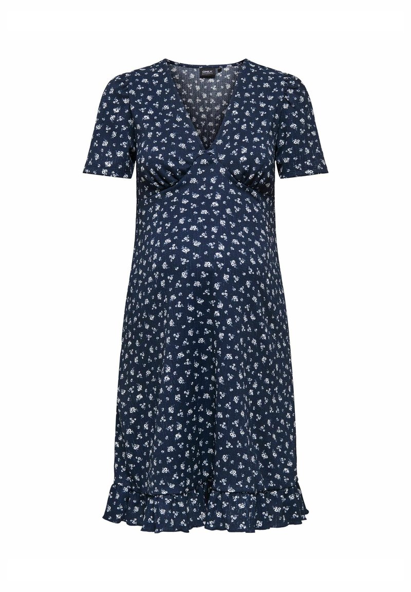 Robe bleu marine avec petit motif floral blanc, manches courtes, col en V, taille cintrée et ourlet à volants.
