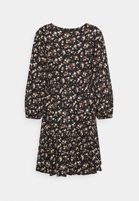 Svart klänning med blommönster i röd, gul och vit. Långa ärmar med rynkade manschetter, figurnära midja och utsvängd kjol.