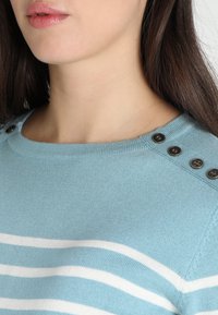 Jasnoniebieski sweter w białe paski, z okrągłym dekoltem i czterema ciemnymi guzikami na ramieniu. Miękka, dziana tekstura.