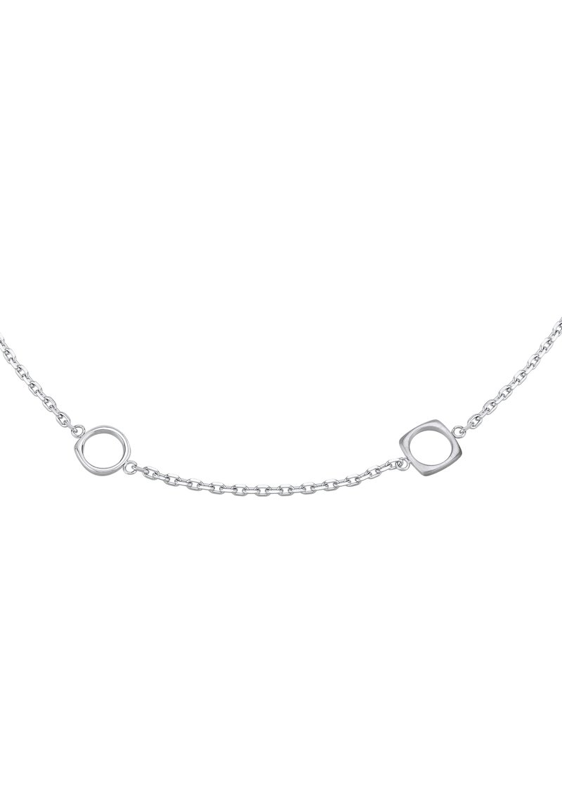 Collana in argento con anelli circolari e quadrati, caratterizzata da una finitura liscia e una texture uniforme. Design semplice ed elegante.