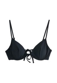 Svart triangeltopp i bikini med justerbara nack- och ryggband. Tillverkad av mjukt tyg med sömlös design och tunna remmar. Ingen mönster eller detaljer.