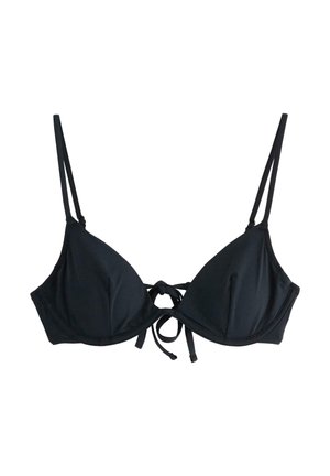 Černý trojúhelníkový bikiny vršek s nastavitelnými šňůrkami na krku a na zádech. Vyrobeno z hladkého materiálu s bezešvým designem a tenkými popruhy. Bez vzorů nebo akcentů.
