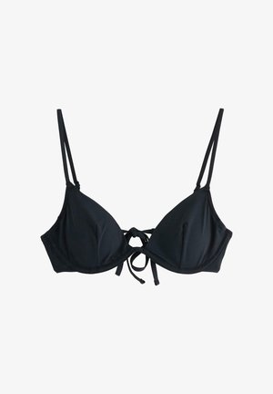 Black triangle bikini top with adjustable neck and back ties. Made of smooth fabric with a seamless design and thin straps. No patterns or accents.