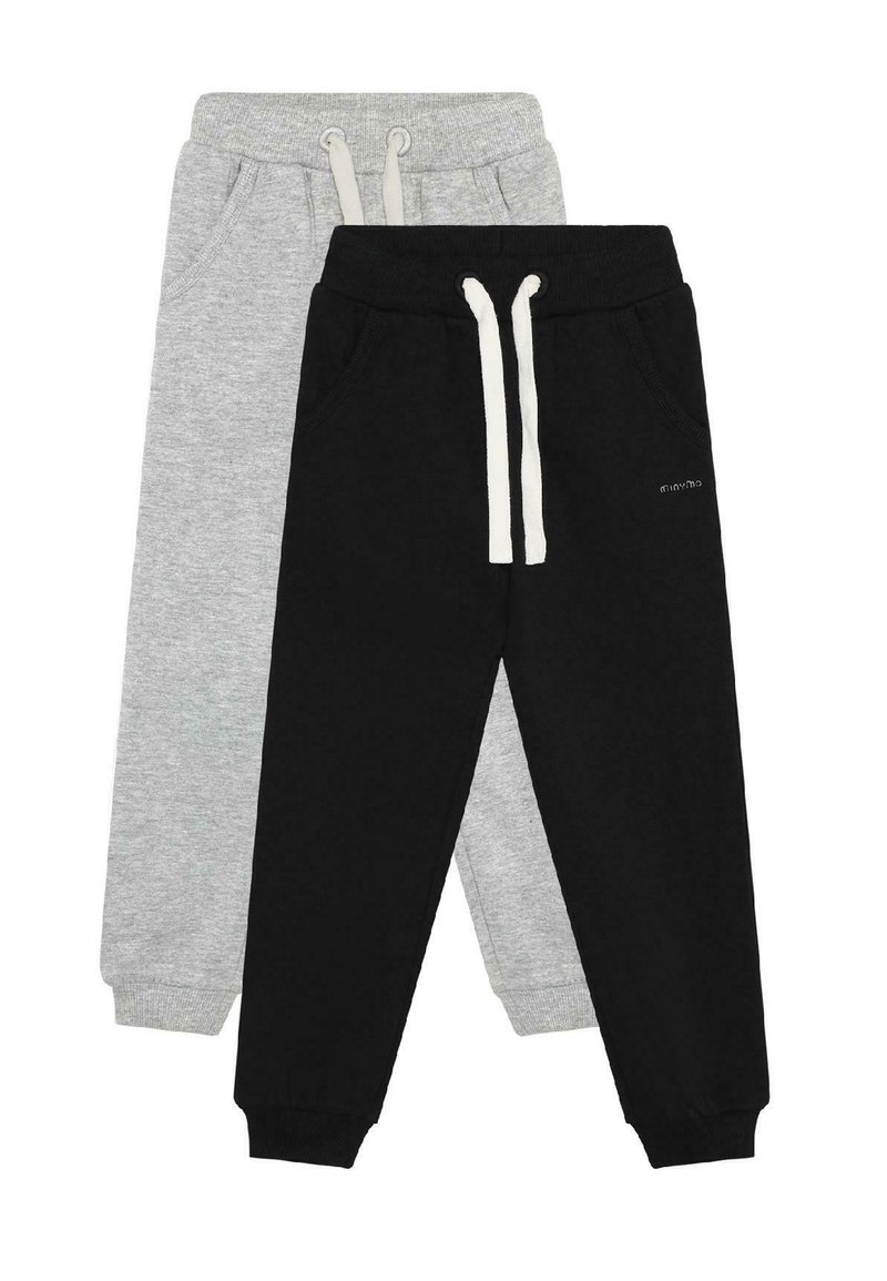 Zwei Paare Kinder-Jogginghosen, eine schwarze und eine hellgraue, beide mit elastischem Bund, weißen Kordeln und Seitentaschen.