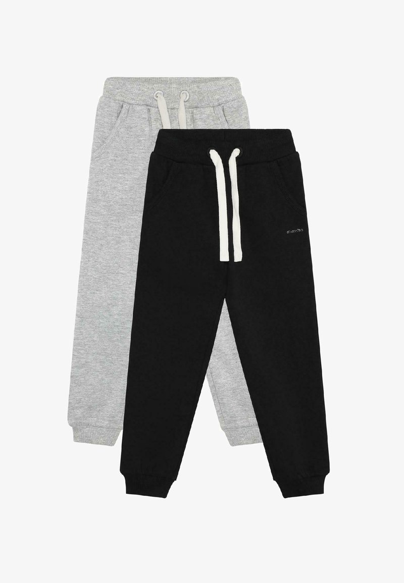 Zwei Paare Kinder-Jogginghosen, eine schwarze und eine hellgraue, beide mit elastischem Bund, weißen Kordeln und Seitentaschen.