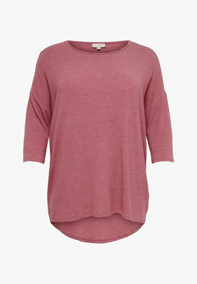 Luźna damska bluzka w kolorze przygaszonego różu z rękawami do łokcia i okrągłym dekoltem, z lekko zaokrąglonym dołem.