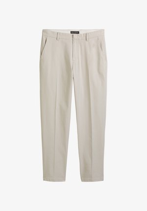 Pantalon beige clair avec une coupe droite, doté de deux poches latérales et de plis cousus pour un look soigné. Matière en mélange de coton.