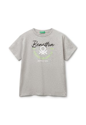 Gray cotton t-shirt featuring a round neck, short sleeves, and printed text in black and green. Central graphic includes a logo and brand name.