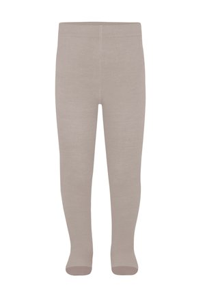 Beige tights, seamless design, soft texture, full length, ribbed waistband, machine washable, no visible patterns or hardware.