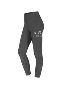Graue Sportleggings mit hoher Taille, glatter Textur, subtilen Perforationsdetails und einem kontrastierenden weißen Logo auf der Seite.