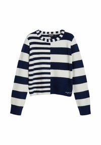 Maglione a righe navy e bianco con scollatura rotonda, caratterizzato da larghezze di righe variabili e un design cropped. Tessuto a trama; logo sull'orlo.