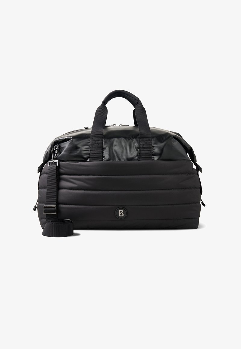 Črna torba za šport z blazinjeno teksturo, ki ima kontrastno sijoč vrh, nastavljiv trak, dvojne ročaje in logotip na sprednji strani.