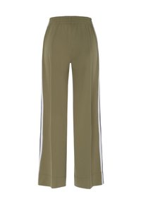Olivgrüne weit geschnittene Hose aus glattem Material, mit weißen Seitenstreifen und elastischem Bund. Entworfen für eine entspannte Passform.