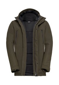 Giacca isolante verde oliva con chiusura a zip e bottoni a pressione, numerose tasche con zip, cappuccio rimovibile e una fodera interna liscia.