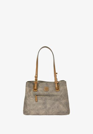 Sac à main tissé texturé dans des tons beiges avec des poignées et des accents en cuir marron ; il présente une poche zippée à l'avant et un détail de logo.